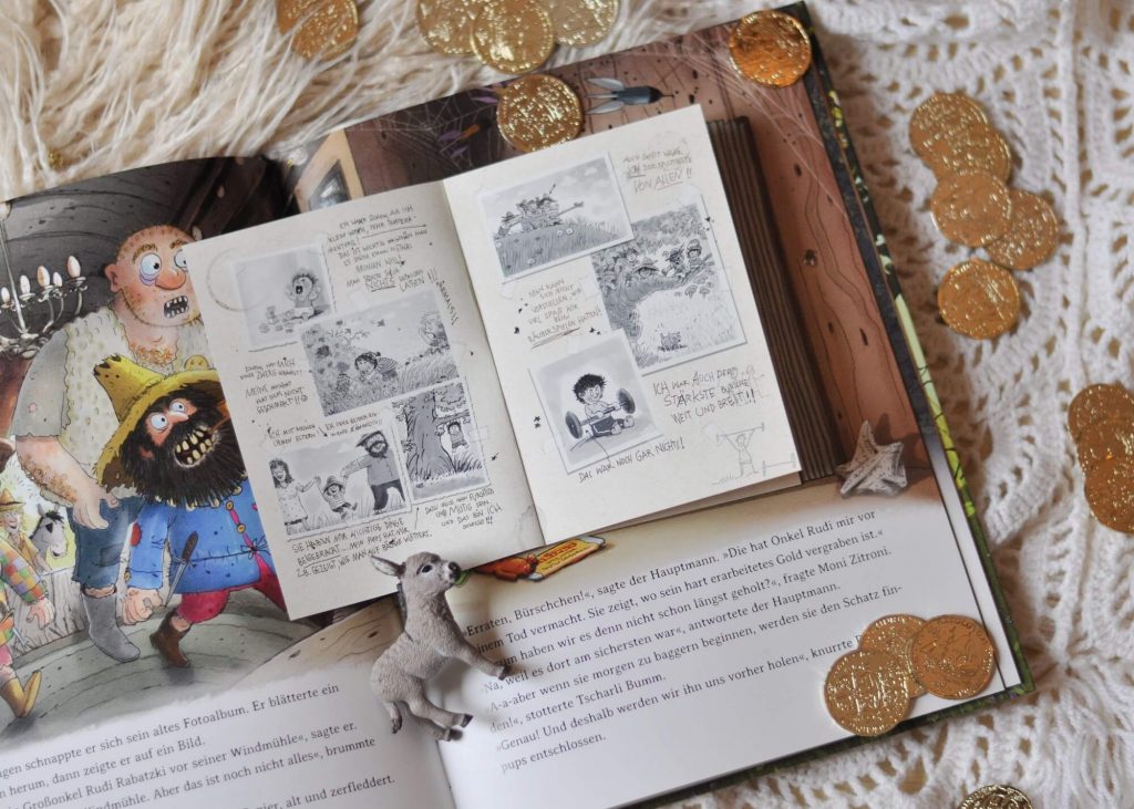 Eine Räubergeschichte von einem echten Schatz und die Freude am Teilen für Kinder ab 4 Jahren. Mit Buch im Buch. #räuber #donnerpups #lesen #vorlesen #räuberbande #bilderbuch #kinderbuch #teilen #goldschatz #schatzsuche