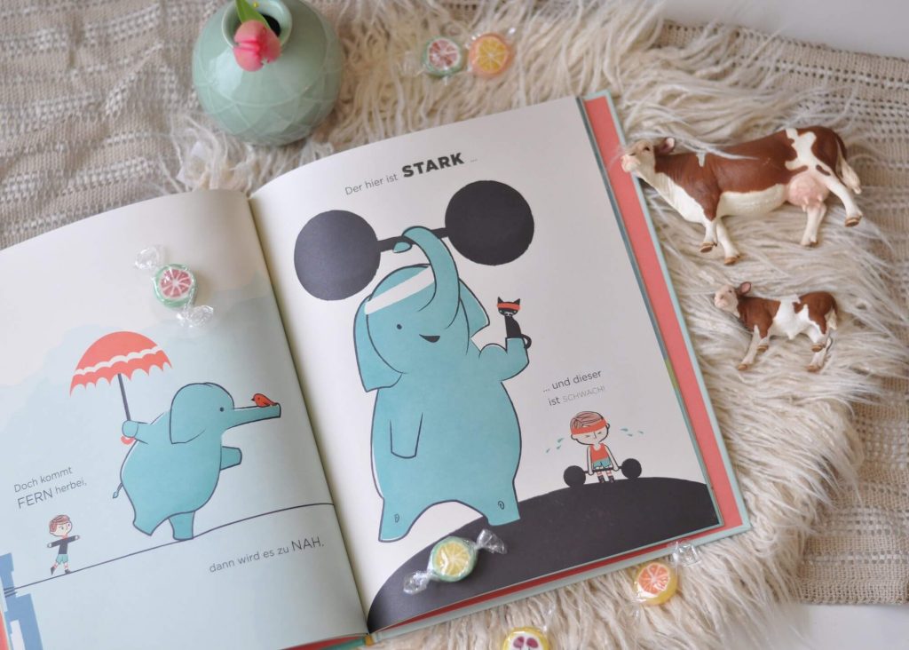 Bilderbuch ab 4 Jahren mit Retro-Illustrationen: Schau genau! führt uns in die Welt der Gegensätze und zeigt, dass der erste Eindruck nicht immer stimmt.  #gegensätze #elefant #retro #kinderbuch #bilderbuch #reime