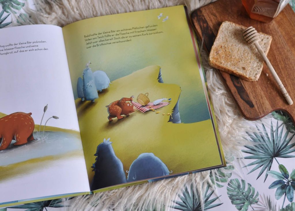 Dem kleinen Bären wurde sein Honigbrot gestohlen. Alle anderen Tiere sind besonders hilfsbereit und bieten etwas von ihrem Essen an. Hier lernen Kinder nicht nur Hilfsbereitschaft, sondern auch, wie vielfältig der Geschmack sein kann. #kinder #buch #lesen #vorlesen #bär #essen #tiere #geschmack #bilderbuch