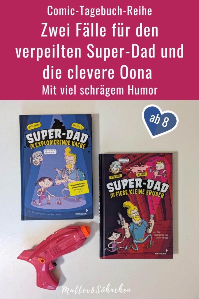 Er ist der beste Polizist, macht die besten Dadwiches und hat überhaupt den besten Durchblick: Onnas Papa, alias Super-Dad. Doch leider trifft so gar nichts wirklich zu. Papas Küchenkreationen sind grauenvoll und seine Ermittlungen das reinste Chaos. Zum Glück weiß Oona, wie sie ihm heimlich helfen und fiese Kack-Anschläge und mysteriöse Diebstähle aufklären kann. Die beiden Bänder der neuen Comic-Tagebuch-Krimireihe aus Finnland von Arttu Unkari und Kai Vaalio "Super-Dad und die Explodierende Kacke" sowie "Super-Dad und der fiese kleine Bruder" stecken voll schrägem Humor, urkomischen Situationen, fies-liebenswerten Gangstern und einer mahnenden Omi-Stimme, wenn es mal allzu bunt wird.