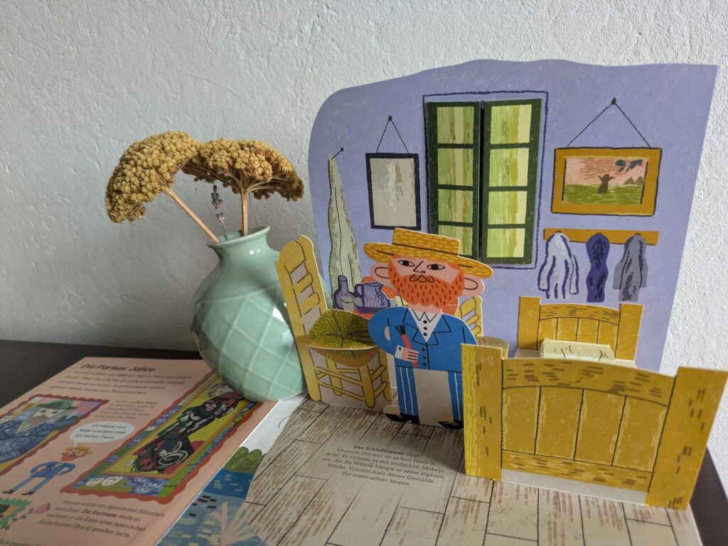 Schon als Kind habe ich meine Nase zu gerne in Kunstbücher gesteckt. Als ich vor kurzem die Pop-up-Bücher meiner zwei liebsten Künstler:innen entdeckt habe, hat mein Herz vor Freude einen kleinen Hüpfer gemacht. Die Art-Pops "Vincent van Gogh" von Susie Hodge und "Frida Kahlo" von Alice Harman sind nicht nur kurze, leicht verständliche Biografien, sondern selbst kleine Kunstwerke. Teresa Bellón hat den schönsten Bilder der beiden wie "Sternennacht" beziehungsweise "Die zwei Fridas" ganz neues Leben eingehaucht, indem sie als 3D-Pop-ups direkt aus dem Buch entspringen.