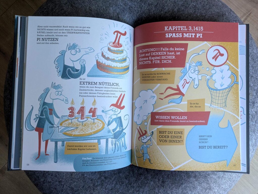 Warum gibt es eigentlich die Zahl Pi und wieso heißt sie so? Aus wievielen Stellen hinterm Komma besteht sie? Und wie schneidet man überhaupt eine Pizza richtig? Dieses Buch ist eine runde Sache, denn es geht um Kreise und ihre Konstante: die Zahl Pi! Mit kurzen Texten, Infografiken und vielen Comics tauchen wir mit "Verrückt nach Pi - Geheimnisse einer unendlich faszinierenden Zahl" von Anita Lehmann, Jean-Baptiste Aubin und Joonas Sildre ein in die Hintergründe der Zahl, die an vielen verschiedenen, unerwarteten Orten auftaucht. Dabei wird nicht nur gerechnet und über Paradoxen gegrübelt, sondern auch herzhaft gelacht. Ein Sachcomic für Mathe-Fans ab 9 Jahren.