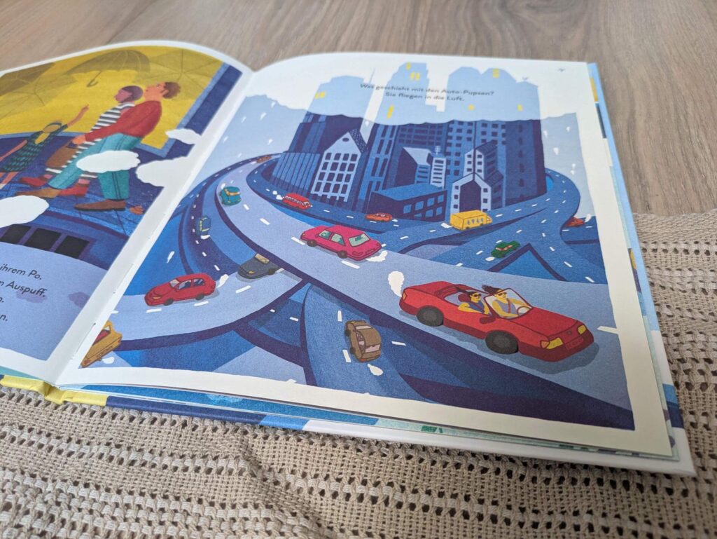 Was haben Kühe, Autos und Fabriken mit dem Klimawandel zu tun? Sie alle "pupsen". Und das, was da rauskommt, trägt dazu bei, dass die Erde immer wärmer wird. In "Mein erstes Buch vom Klimwandel - Von pusenden Kühen und rauchenden Schornsteinen" von Marc Ter Horst und Yoko Heiligers wird Kindern alltagsnah erklärt, was wir alle mit der Erderwärmung zu tun haben. Eine Sachbuchgeschichte mit eindrucksvollen Illustrationen, die das komplexe Thema Umweltschutz Kindern ab 5 Jahren näher bringen.