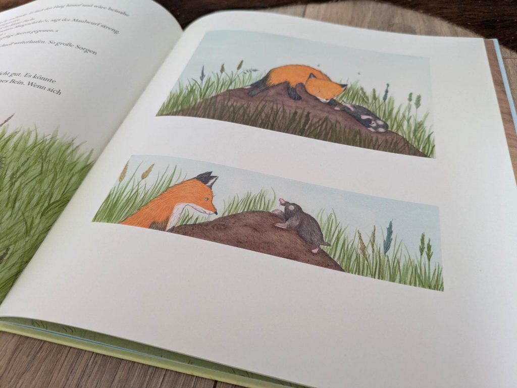 Als der kleine Fuchs erwacht, hat ihm Mama Fuchs weder Frühstück gemacht, noch das Spielzeug aufgeräumt, noch passt sie vor der Höhle auf. Stattdessen schläft sie ganz fest eingerollt in der Höhle.  Der kleine Fuchs macht sich schreckliche Sorgen. Ob sie krank ist? Zum Glück weiß der Uhu, wie klug Füchsinnen sind. "Wenn Mama Fuchs schläft" von Beate Teresa Hanika mit Illustrationen von Kristina Andres zeigt, dass auch Eltern ab und zu Ruhe und Zeit für sich brauchen.