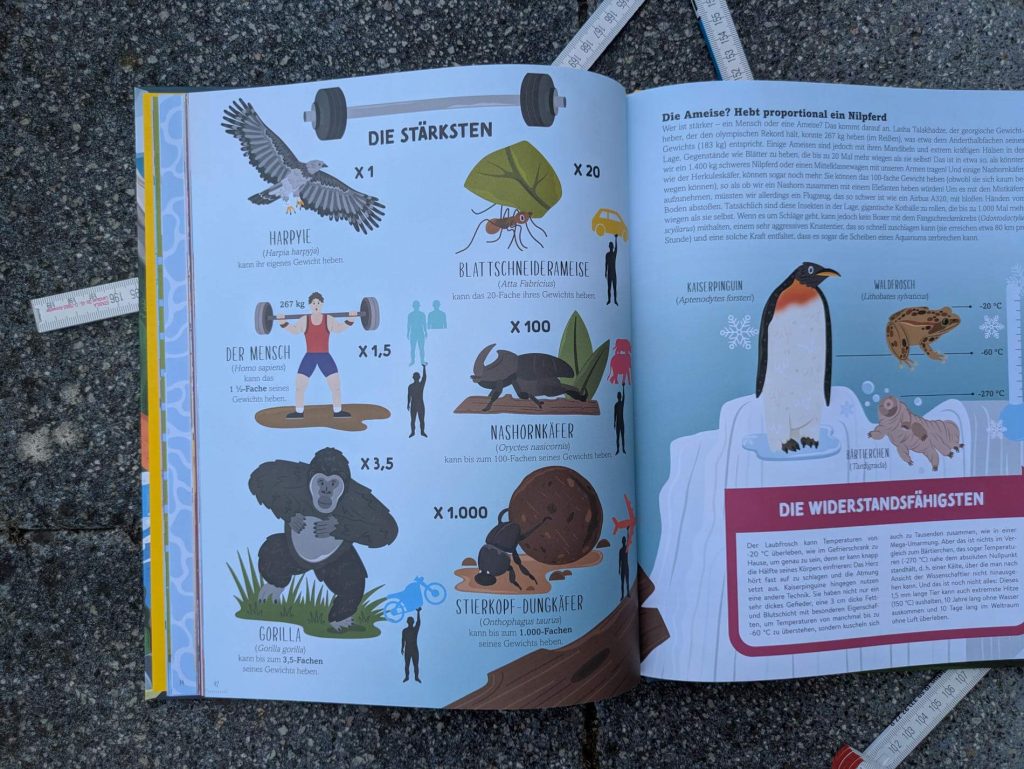 Manchmal ist es gar nicht so einfach, Eigenschaften wie Größe, Stärke oder Schnelligkeit zu begreifen oder sich vorzustellen. Was hilft, sind griffige Vergleiche. Besonders wenn sie sich auf Dinge beziehen, die man bereits aus dem Alltag bereits. Ein Blauwal wiegt so viel wie 38 Elefanten. Ein Gepard läuft dreimal so schnell wie der schnellste Mensch der Welt. Und die Einwohner von Tokio und New York könnten ganz Italien ausfüllen. In "Wir messen die Welt" von Andrea Minoglio und Bethany Lord werden Kindern um die 10 Jahre ungewöhnliche Naturphänomene, erstaunliche Bauwerke und krasse Fakten mit verblüffenden Vergleichen erklärt.