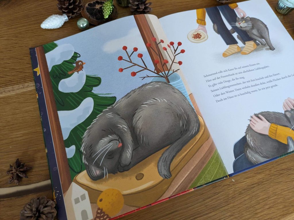 Seinen Lieblingsplatz am Fenster, den Lieblingsmenschen und kuschelige Gemütlichkeit: Das ist alles, was Kater Bo braucht. Doch ausgerechnet vor Weihnachten zieht das Kätzchen Flöckchen ein und verändert alles. Auf einmal sind überall Glitzer, Glöckchen und bunte Girlanden. Zu viel für den mürrischen Kater, der kurzerhand alle Weihnachtsdeko verschwinden lässt. Doch das macht Flöckchen traurig, sodass Bo das schlechte Gewissen plagt und er sich mit einer Bitte an das Christkind wendet. Ob die zwei unterschiedlichen Katzen doch noch in gemeinsame Weihnachtsstimmung kommen? Eine flauschig-schöne Weihnachtsgeschichte für kleine Katzen-Fans.