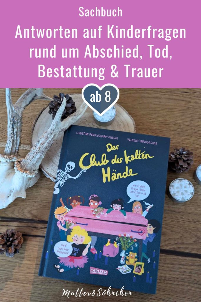 Lizzys Eltern haben ein Bestattungsunternehmen. Zusammen mit ihren Freunden Olga, Cem, Yuki, Ronny und Mo erkundet sie, wie unterschiedlich die Menschen beerdigt werden: Tante Traudl im offenen Sarg, Onkel Ali gewaschen und eingecremt und Ronnys Bruder Finn eingeäschert mit seiner Lieblings-Batman-Decke. Gemeinsam finden die Mitglieder des frisch gegründeten Clubs immer mehr über den Tod und das Abschiednehmen heraus und trauern gemeinsam. Christine Pernlocher-Kügler erzählt in "Der Club der kalten Hände" eine warmherzige Geschichte über die Kraft der Freundschaft und das gemeinsame Abschiednehmen mit vielen Sachinfos und Antworten auf Kinderfragen.
