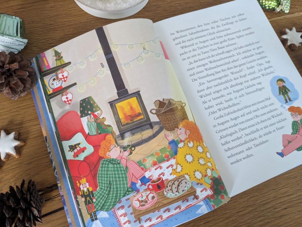 Am letzten Wochenende vor Weihnachten besuchen die Zwillinge Irma und August ihren Opa. Und es wird zwischen Zimsterne backen und Adventsbasar richtig hyggelig. August nimmt sich sogar vor, ein richtiger Wichtelhelfer zu werden. Als ihnen dann ein kleiner Tomte zuläuft und es doll anfängt zu schneiden, müssen sie nur noch den grummeligen neuen Nachbarn mit ihrer Weihnachtsmagie anstecken. "Zimtersternewinter" aus der Schwedenglück-Reihe vob Kristina Scharmacher-Schreiber mit Illustrationen von Blanca Millán ist eine winterlich-weihnachtliche Vorlesegeschichte für die Adventszeit für Kinder ab fünf Jahren.