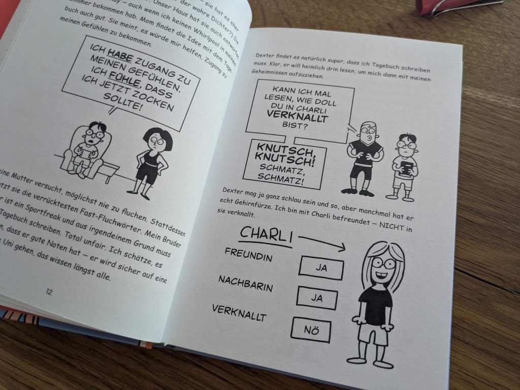 Alex und Charli sind beste Freunde und kommen in wenigen Tagen in die 5. Klasse – und plötzlich ist nichts mehr so, wie es früher war! Auf einmal müssen sich die beiden mit Schmetterlingen im Bauch, haufenweise Missverständnissen und Rache-Pranks auseinandersetzen. Die selbst gefühlte Wahrheit schreiben sie aus ihrer jeweiligen Perspektive in ihre Tagebücher. Ob die Freundschaft noch zu retten ist? "Die ganze Wahrheit über die 5. Klasse" von Kim Tomsic und Mark Parisi ist ein Comicroman über zwei Fünfklässler und ihre ersten Tage an der Weiterführenden Schule!