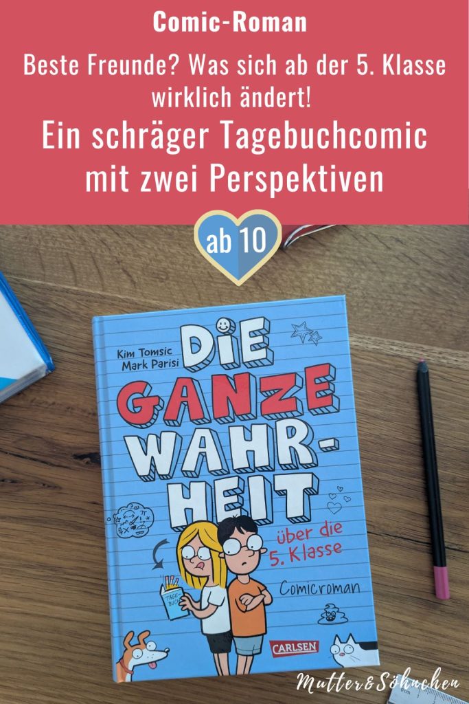 Alex und Charli sind beste Freunde und kommen in wenigen Tagen in die 5. Klasse – und plötzlich ist nichts mehr so, wie es früher war! Auf einmal müssen sich die beiden mit Schmetterlingen im Bauch, haufenweise Missverständnissen und Rache-Pranks auseinandersetzen. Die selbst gefühlte Wahrheit schreiben sie aus ihrer jeweiligen Perspektive in ihre Tagebücher. Ob die Freundschaft noch zu retten ist? "Die ganze Wahrheit über die 5. Klasse" von Kim Tomsic und Mark Parisi ist ein Comicroman über zwei Fünfklässler und ihre ersten Tage an der Weiterführenden Schule!