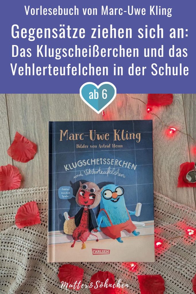 Das Klugscheißerchen lebt immer noch bei der Familie aus Besswerwissern. Doch eines Tages verbessern ausgerechnet Tina und Theo es selbst mit ihrem Wissen aus der Schule. Kurzum beschließt das türkisene Wesen, mit den beiden Kindern mitzugehen. In der Schule trifft es auf ein rotes Wesen mit Hörnchen und nur einem Gummistiefel, das allen Kindern absichtlich falsche Antworten zuflüstert. Das Klugscheißerchen ist schockverliebt: So viel hatte es noch nie zu verbessern! Der zweite Band von Marc-Uwe Kling "Klugscheißerchen und Vehlerteufelchen" kommt mit Wortwitz und lustigen Buchstabenverdrehern daher und zeigt: Fehler machen gehört zum Lernen dazu!  