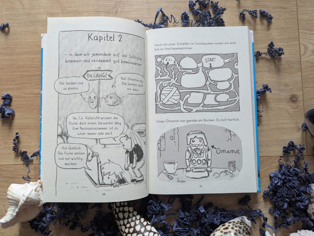 Die Suche nach dem besten Buch der Welt geht weiter! Denn Stoffel und Ca haben ausgerechnet kurz vorm Lesen des großen Finales die allereinzigste Ausgabe in ihrer megacoolen Höhle verloren. Nur Tonni Müllberg weiß, wo das Buch steck, und gibt den beiden Freudinnen einen rätselhaften Hinweis, um es zu finden. Die Spuren führen sie ins Meerzimmer, wo sie sich nicht nur Upcycling-Badeanzüge basteln und Planschen, sondern auch mit gefährlichen Meereswesen, brotdoofen Fischen und einem ziemlich eogistischen Meerrjungjungen konfrontiert werden. Ob die beiden vor lauter Ablenkungen ihr Buch doch noch finden? "Unterwasser" ist die grandiöse Fortsetzung des Comicromans „Unterirdisch“ von Steffi Freitag - skurril, witzig und garantiert ohne Kitsch!
